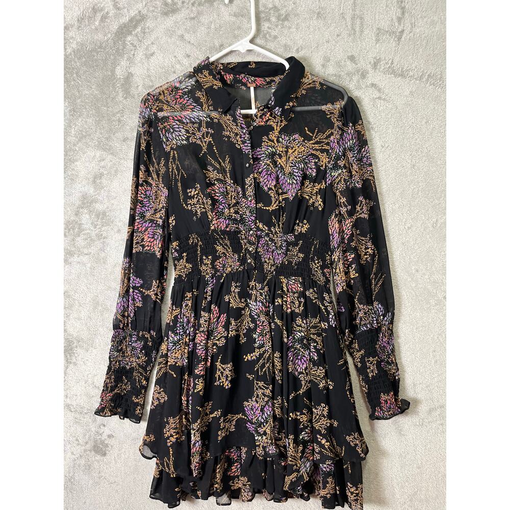 Free People Black Floral Mini Dress Boho Indie Sleaze Witchy Romantic Grunge SM